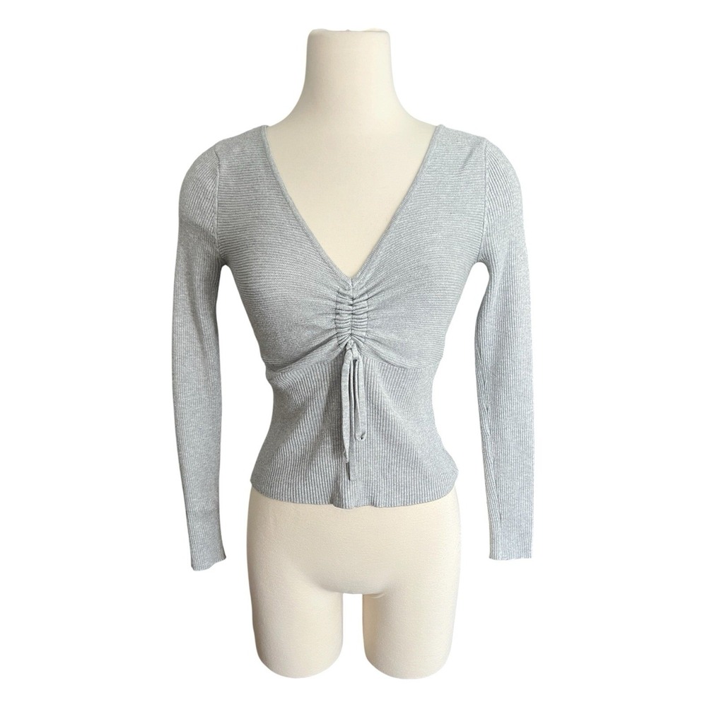 Sugar Moon Gray Ribbed Knit Cinch Front V-Neck Long Sleeve Top Size M Y2K Style